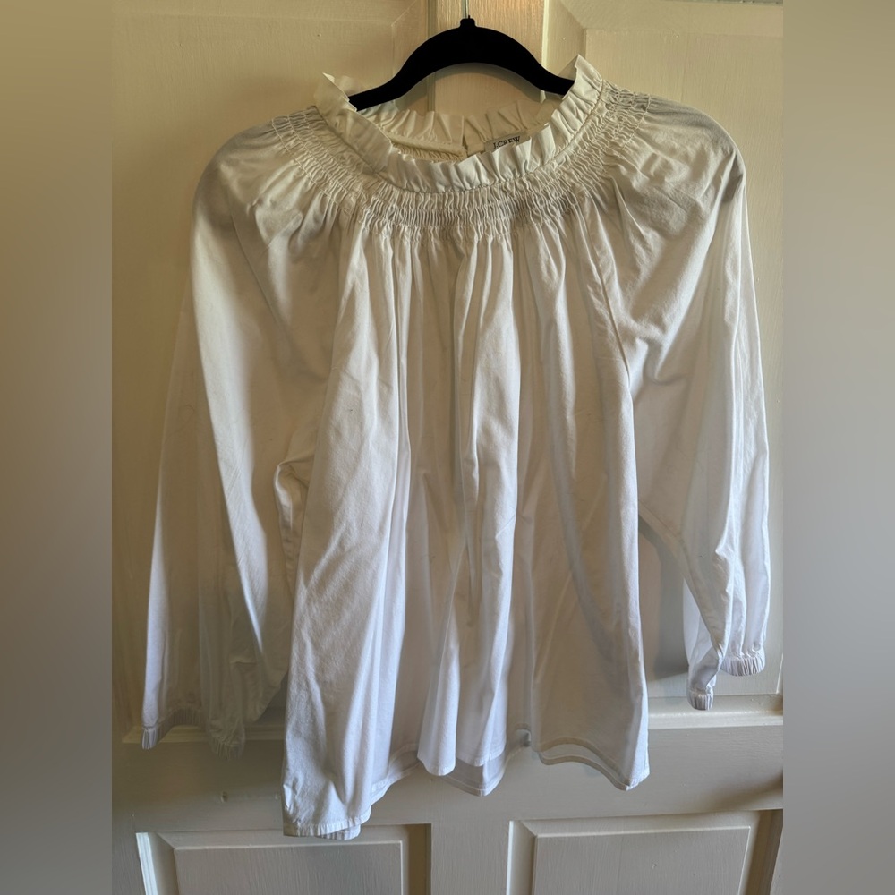 J. Crew White Smocked Ruffle-Neck Long-Sleeve Blouse